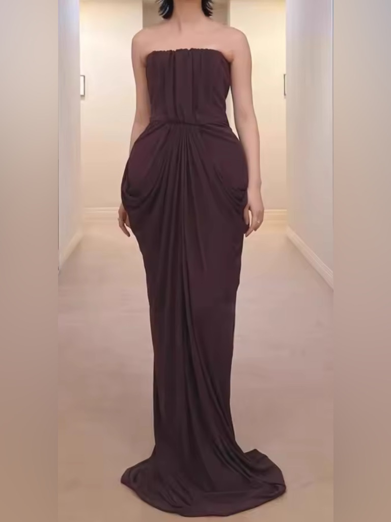 New $398 Donna In Chocolate Strapless Draped Evening Gown In Deep Brown
